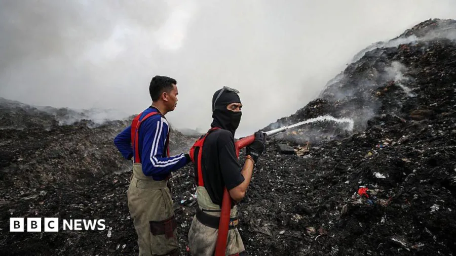 A mountain of rubbish in Indonesia has been on fire for more than a week