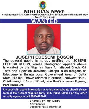 Navy declares Delta man wanted over alleged crude oil theft, extortion