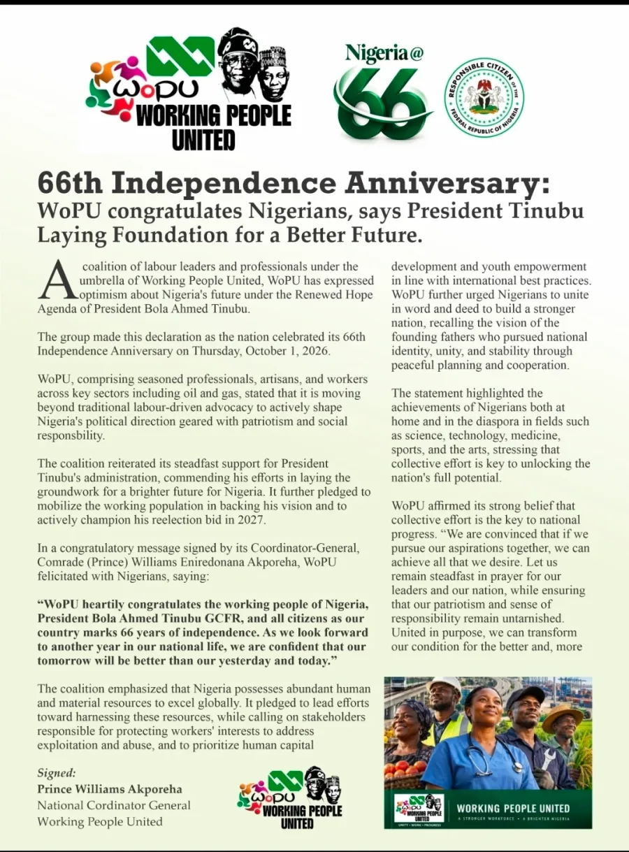 66th Independence Anniversary: WoPU congratulates Nigerians, says President Tinubu laying foundation for better future